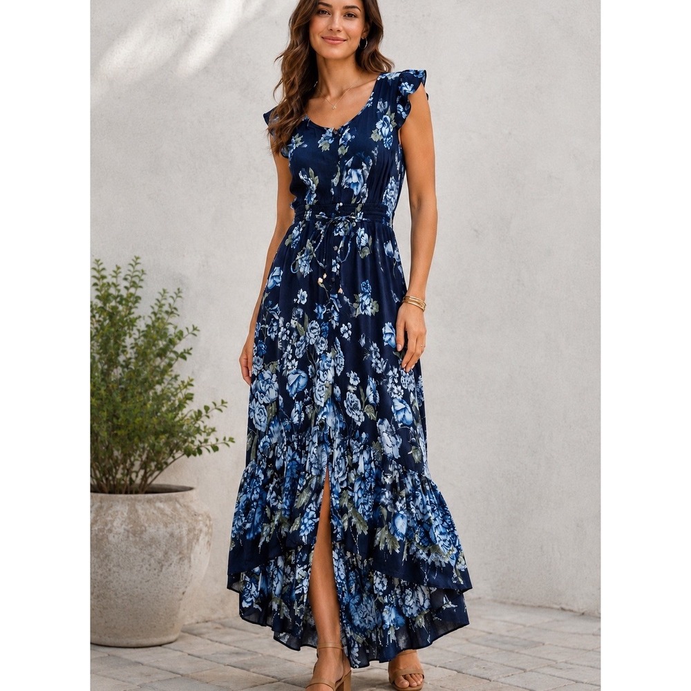 Lucky Brand Floral Tiered Maxi Dress Small Navy Blue Tie Waist Cottagecore Boho